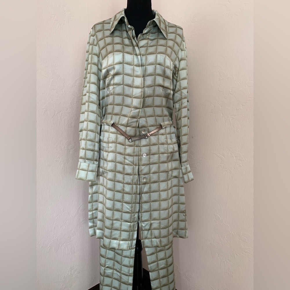 Chanel by Karl Lagerfeld green silk shirt dress and pants suit, fw 2000